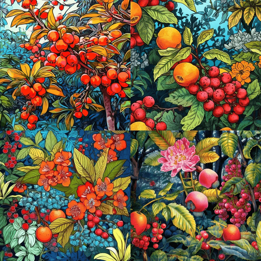 手绘风格热带花园中被郁郁葱葱的树叶和异国 - Midjourney Prompt