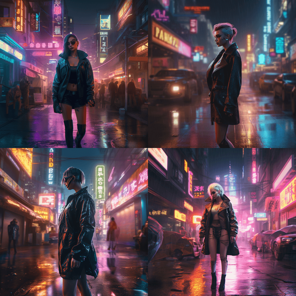 一个看起来像动漫的女人走在城市街道上，穿 - Midjourney Prompt