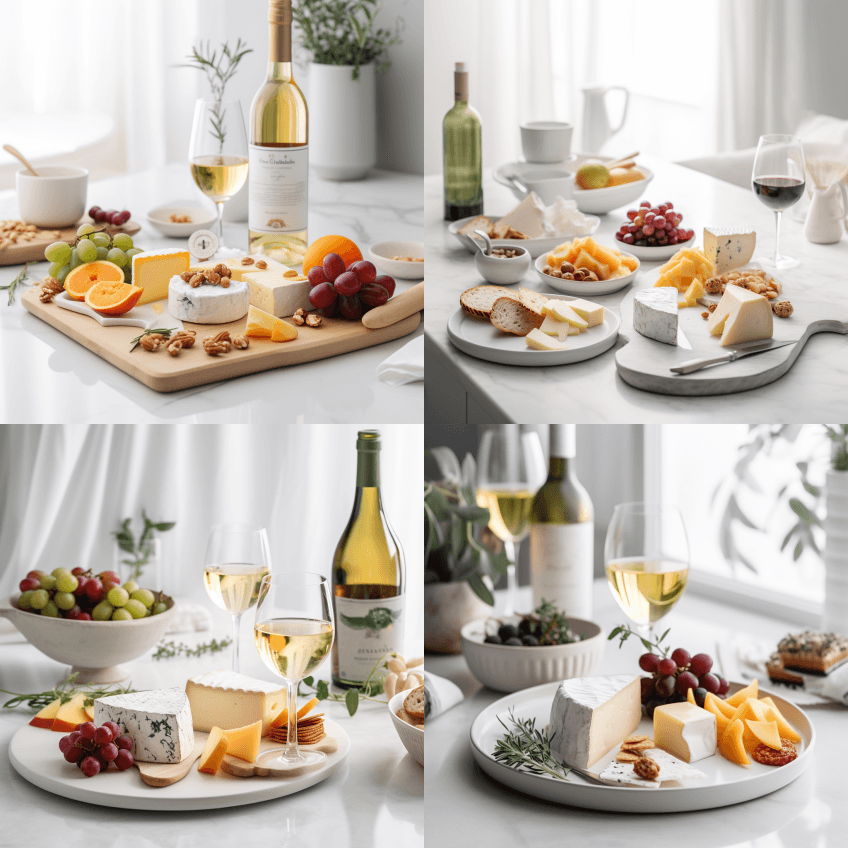 奶酪盘和葡萄酒，白色厨房。明亮而通风。食 - Midjourney Prompt