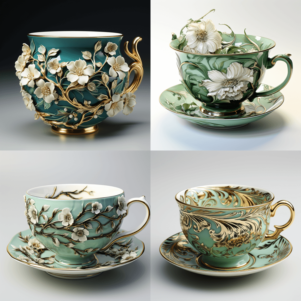 瓷质咖啡杯，水绿色，亚洲设计，白色背景， - Midjourney Prompt