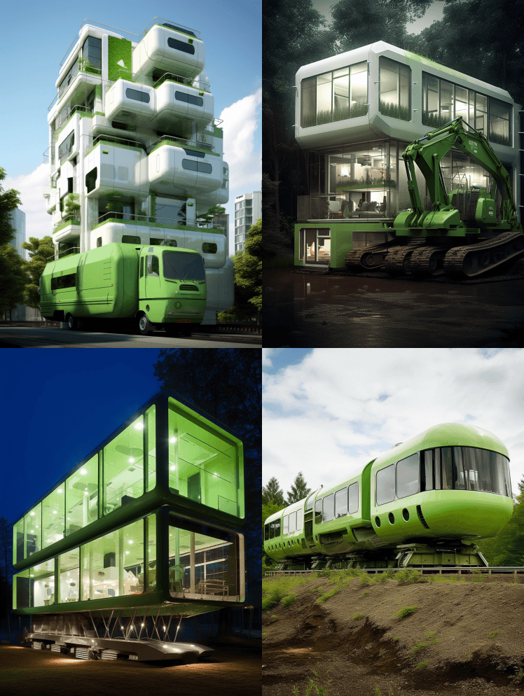 一座移动住宅楼，在一台巨大的小松PC22 - Midjourney Prompt