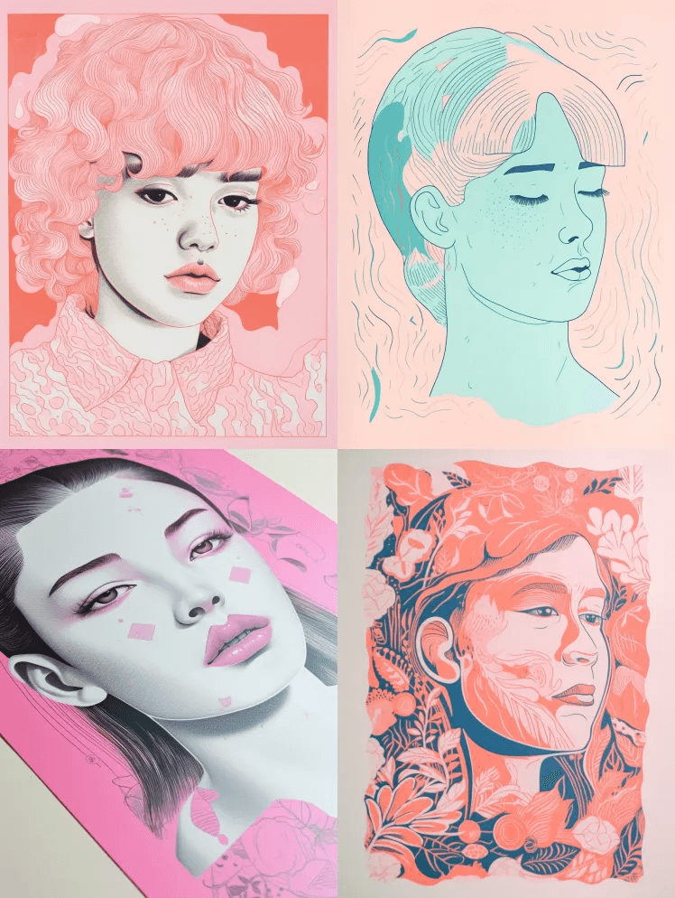 原汁原味的印刷青年成年女性角色设计，风格 - Midjourney Prompt