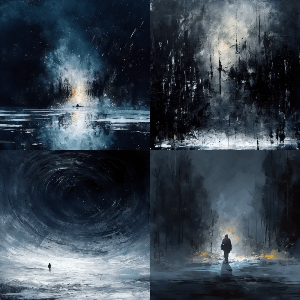 电影抽象印象主义、情感黑暗、白雪、极简主 - Midjourney Prompt