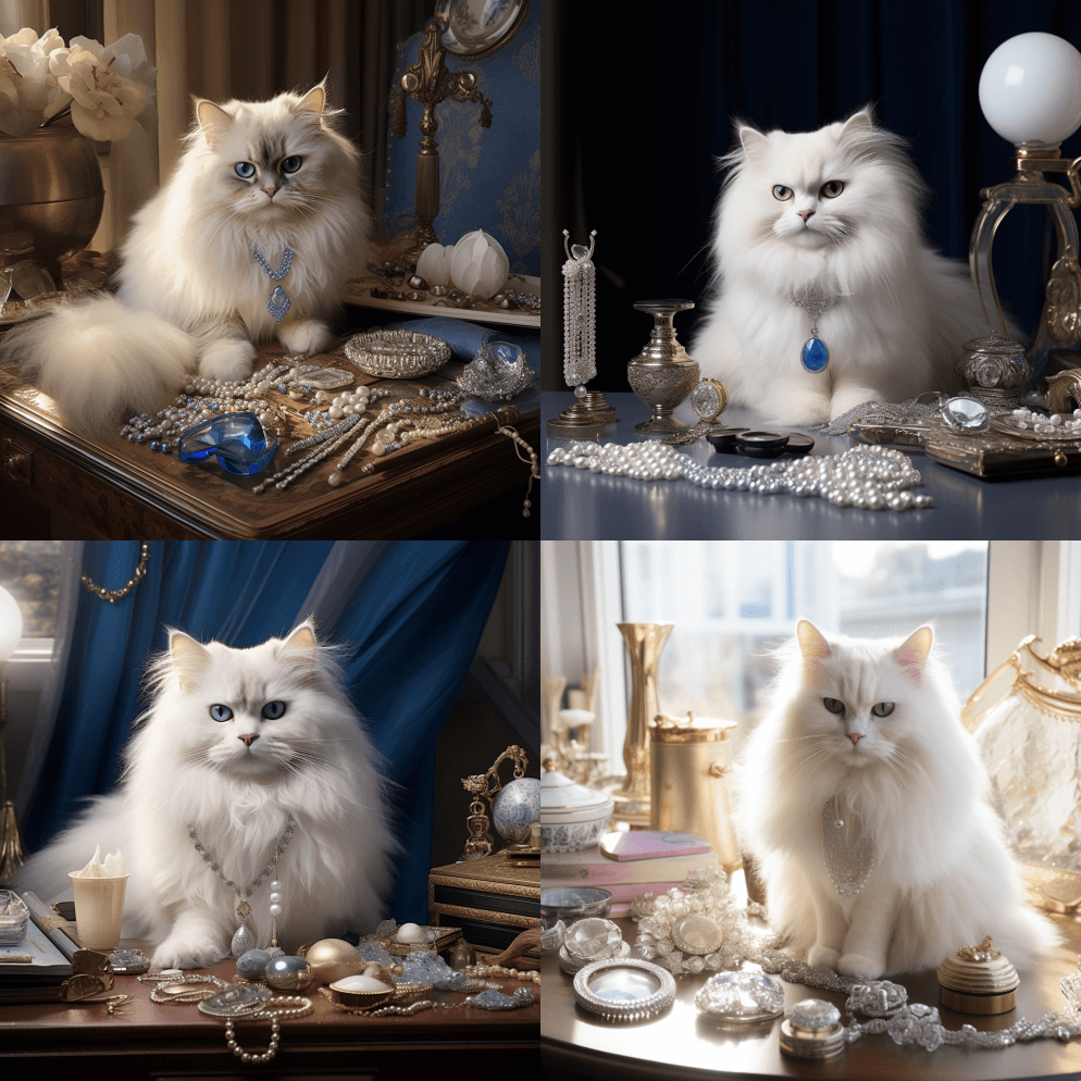 一只威严的白色长毛猫，有一双引人注目的蓝 - Midjourney Prompt