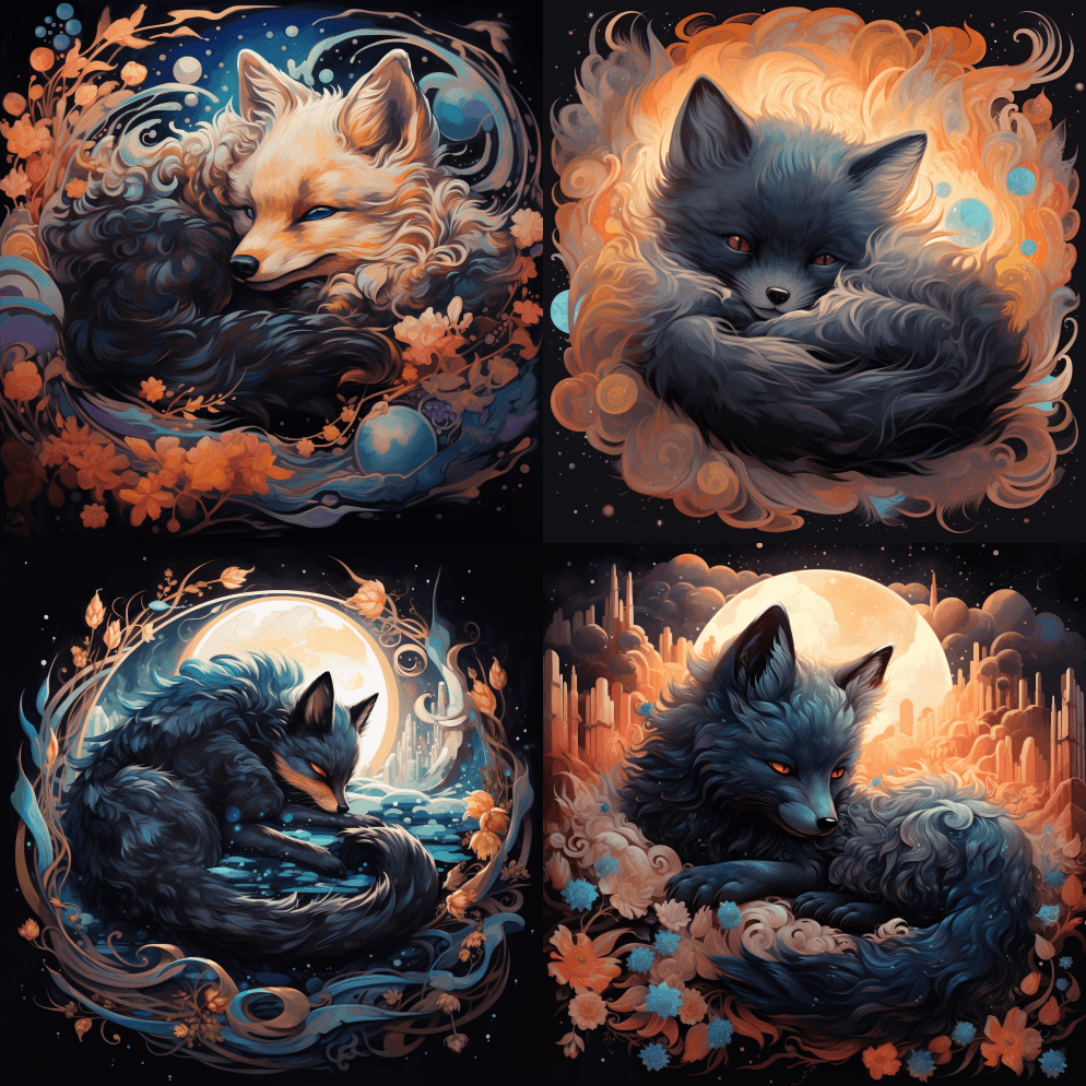 一幅睡在月亮上的小黑狐狸的画，在梦幻般的 - Midjourney Prompt