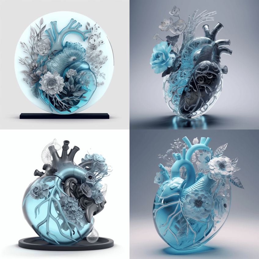 美丽的玻璃解剖心，3D皮克斯风格，水波， - Midjourney Prompt