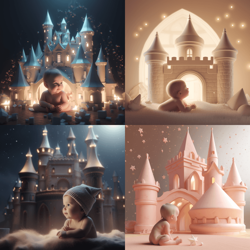 IP，小城堡里的宝宝，星星，干净的背景， - Midjourney Prompt