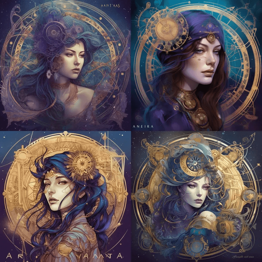 星盘，戏剧插图，塔罗牌，紫蓝色和金色，错 - Midjourney Prompt