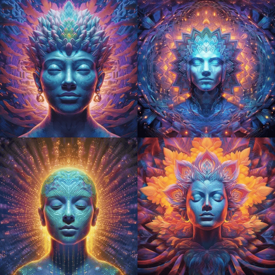 半透明蛋白石蜡人头冥想3D：：rave彩 - Midjourney Prompt