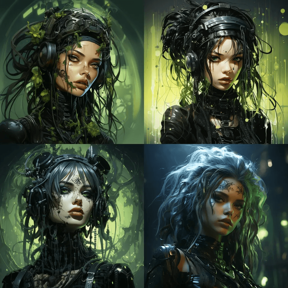 一个赛伯哥特死灵法师的插图,有毒的绿色和 - Midjourney Prompt