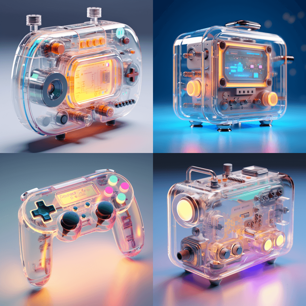 透明技术可爱而有趣的复古游戏机由混合材料 - Midjourney Prompt