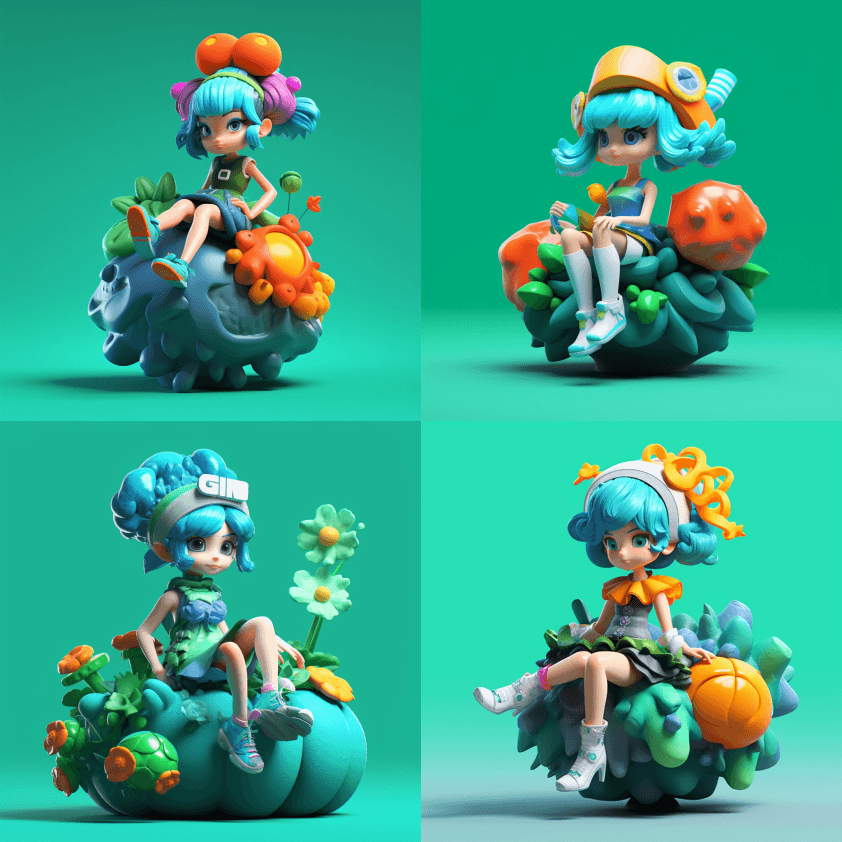 身穿蓝色连衣裙的人物坐在绿色的毛绒球上， - Midjourney Prompt