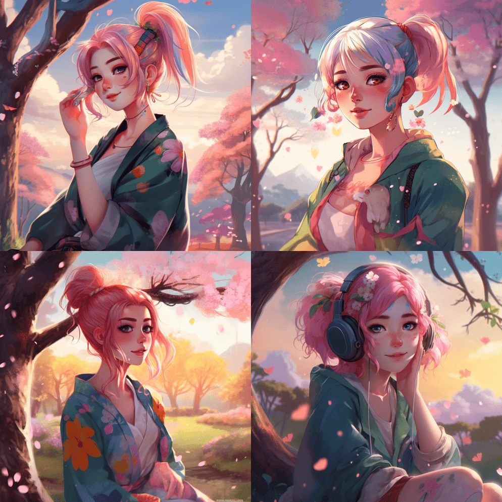 日本乡村五颜六色的女孩,蓬松的发髻,动漫 - Midjourney Prompt