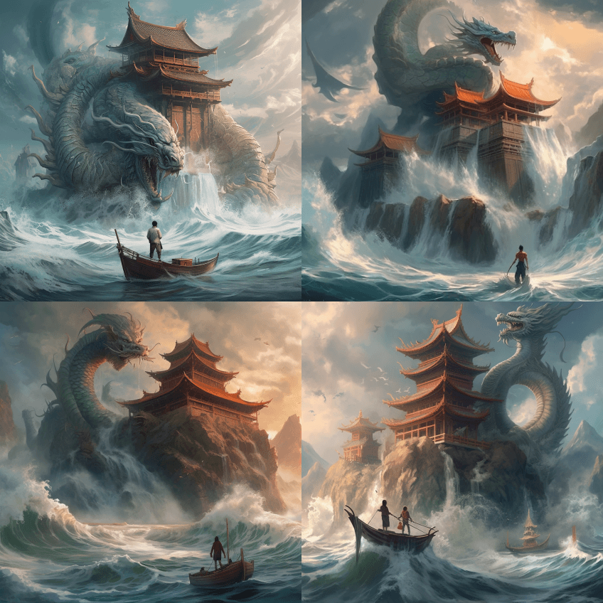 一个男人站在船顶旁边的龙，由李载，奇幻的 - Midjourney Prompt