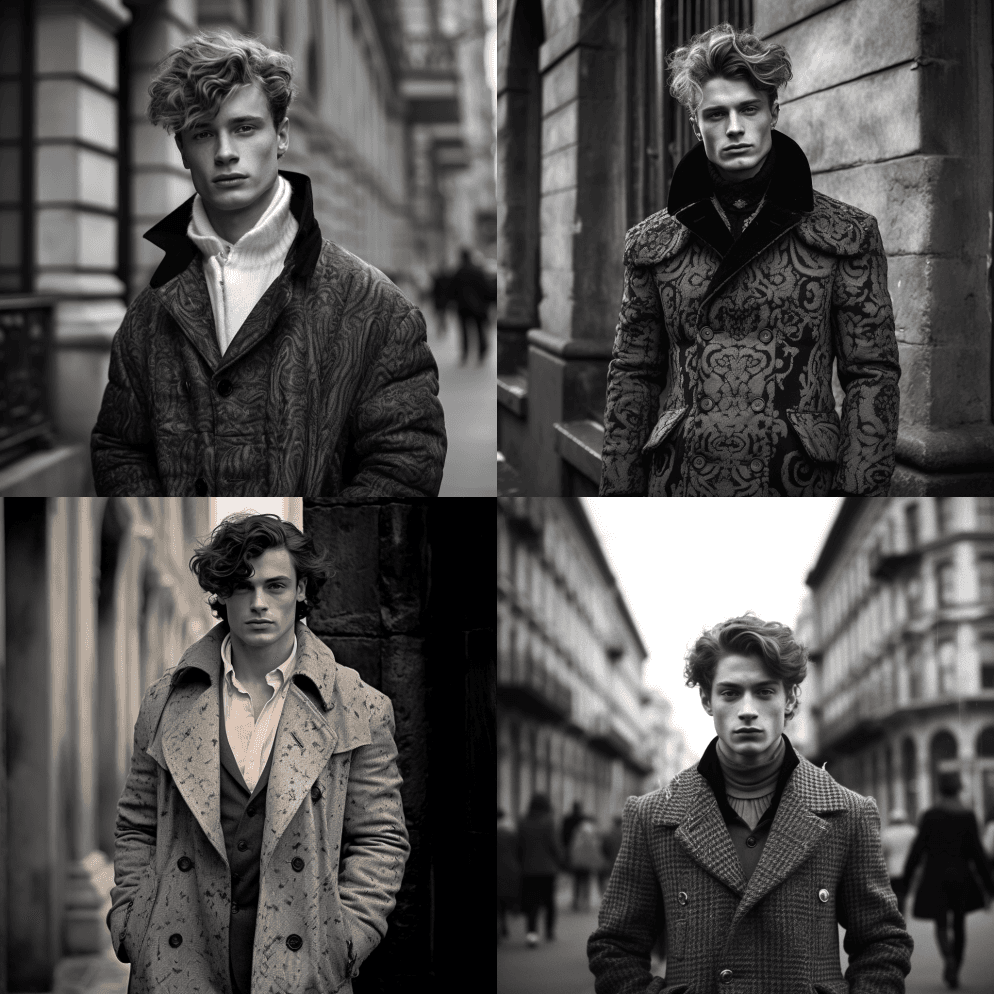 穿着外套的年轻人站在街上，风格是单色肖像 - Midjourney Prompt