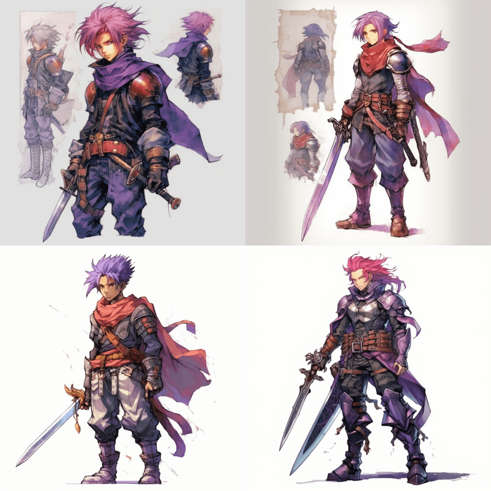 概念艺术，人物设计，未来太空剑客，紫发， - Midjourney Prompt