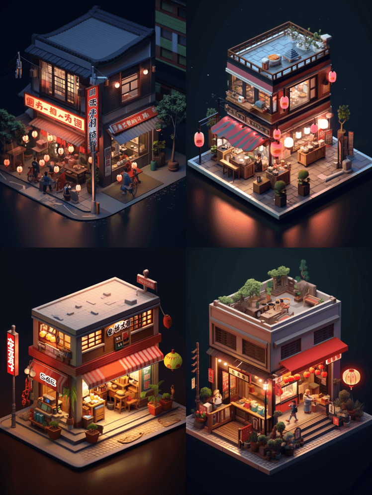 寿司店，等距3D，高品质，老东京氛围，夜 - Midjourney Prompt