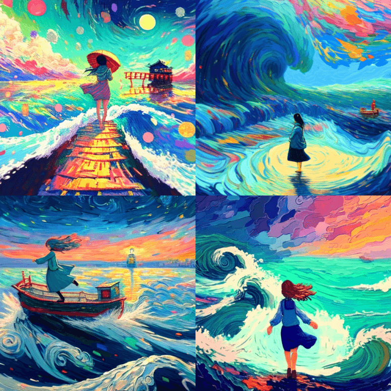 一个女孩在空旷的水面上行走 - Midjourney Prompt