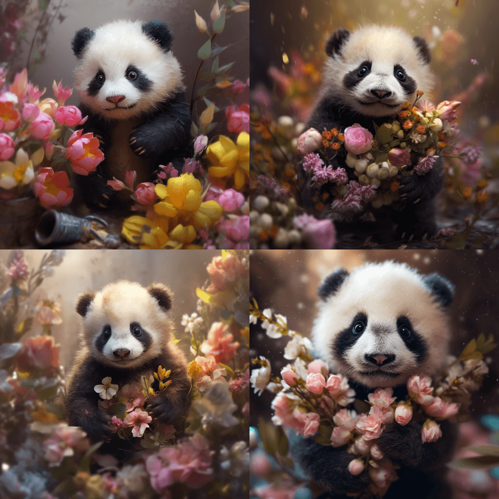 小可爱的熊猫宝宝手里拿着五颜六色的花，简 - Midjourney Prompt