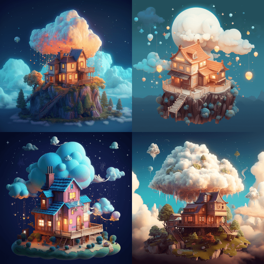 云端小屋，风格迷人的人物插图，立体空间， - Midjourney Prompt