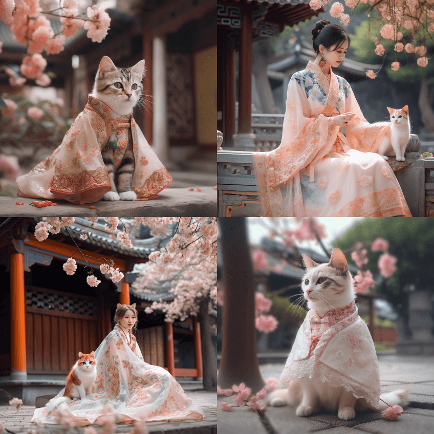 一只可爱的微型小猫，穿着华丽的中式连衣裙 - Midjourney Prompt