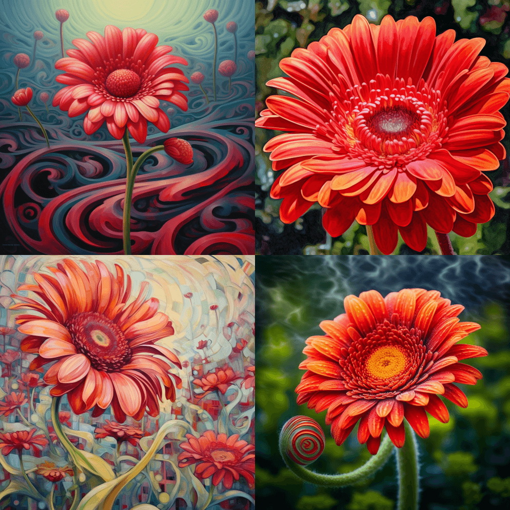 一只摇摇晃晃的深红色非洲菊，摇摆着它的茎 - Midjourney Prompt