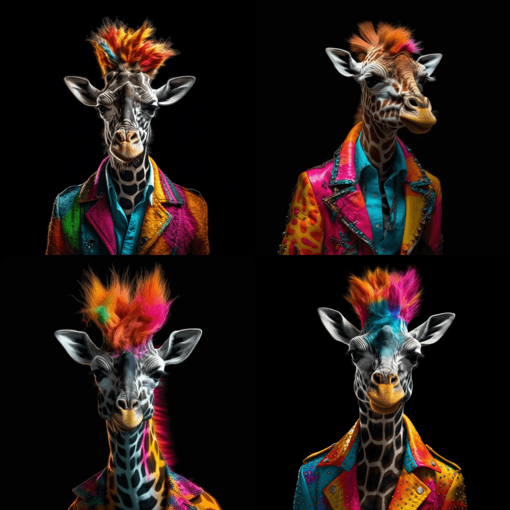 想象一下，一只穿着五颜六色外套的超酷长颈 - Midjourney Prompt