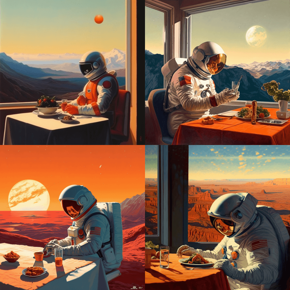 一个有苹果标志的宇航员，吃晚餐，电影，餐 - Midjourney Prompt