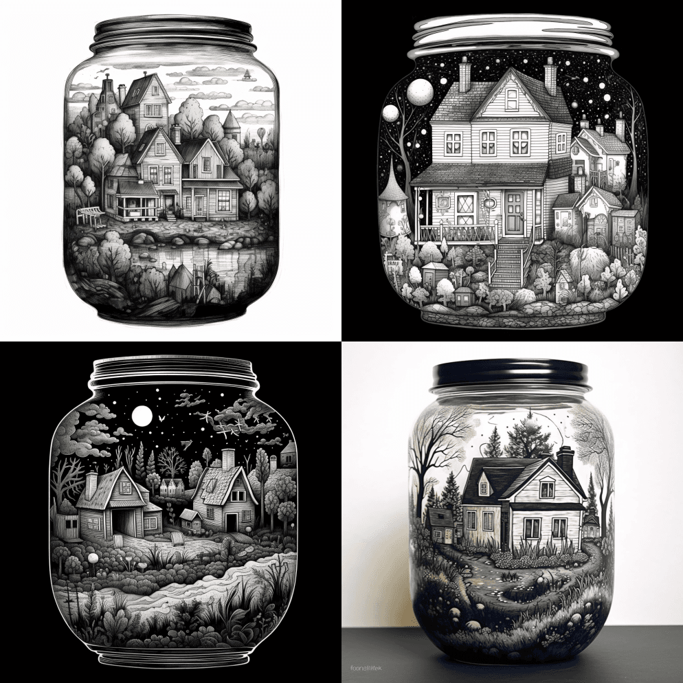 黑色和玻璃瓶中的白色房子画，风格精致的色 - Midjourney Prompt