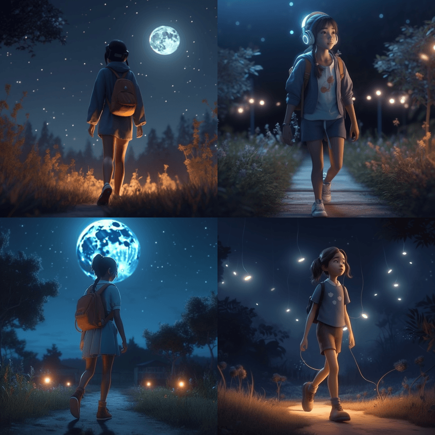 萤火虫，一个女孩在月光下边走边听音乐，快 - Midjourney Prompt