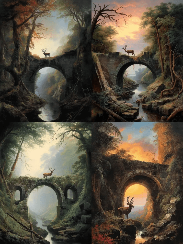 黄昏时分，一只雄鹿矗立在一条摇摇欲坠、缠 - Midjourney Prompt