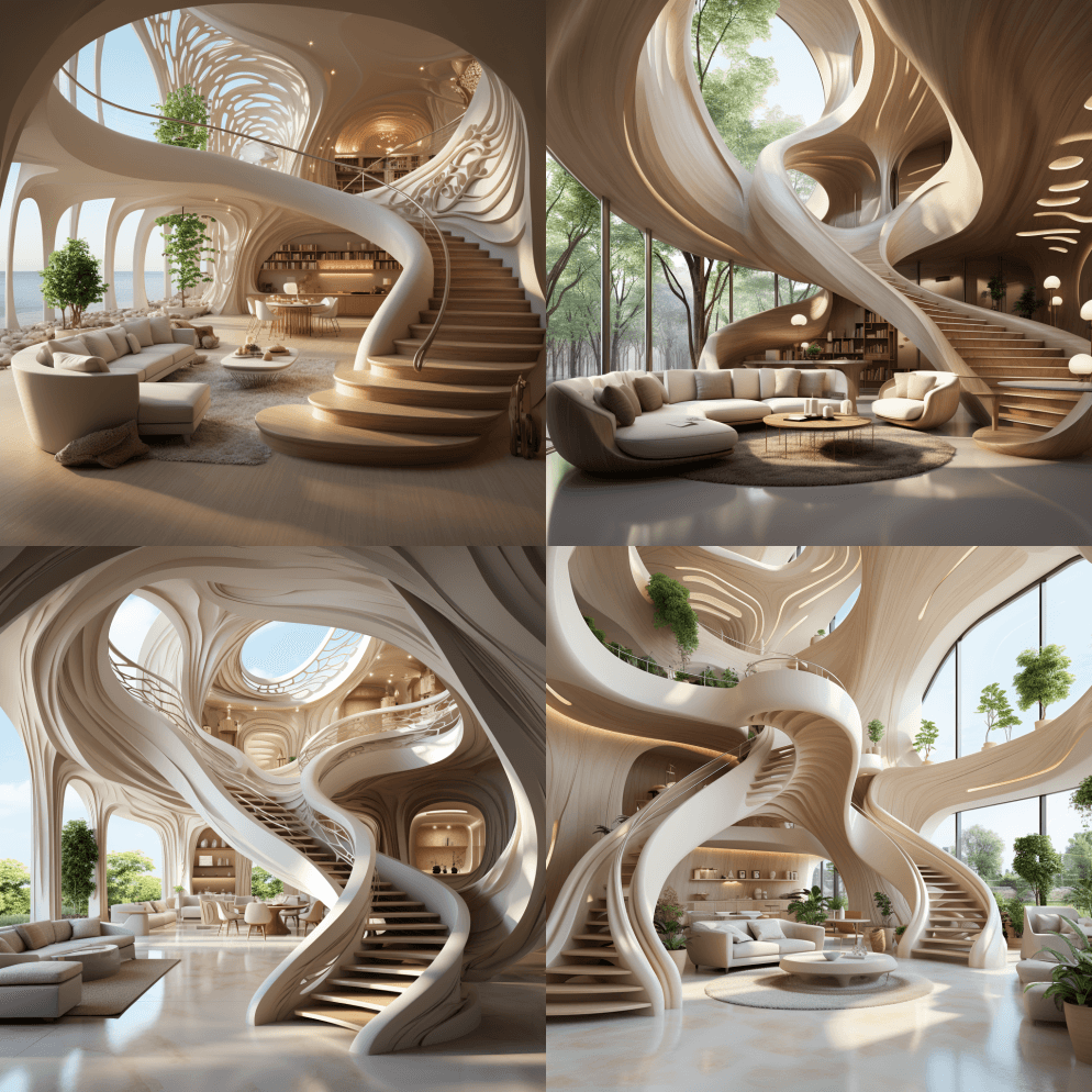 垂直U型设计楼梯的室内设计照片。以未来为 - Midjourney Prompt