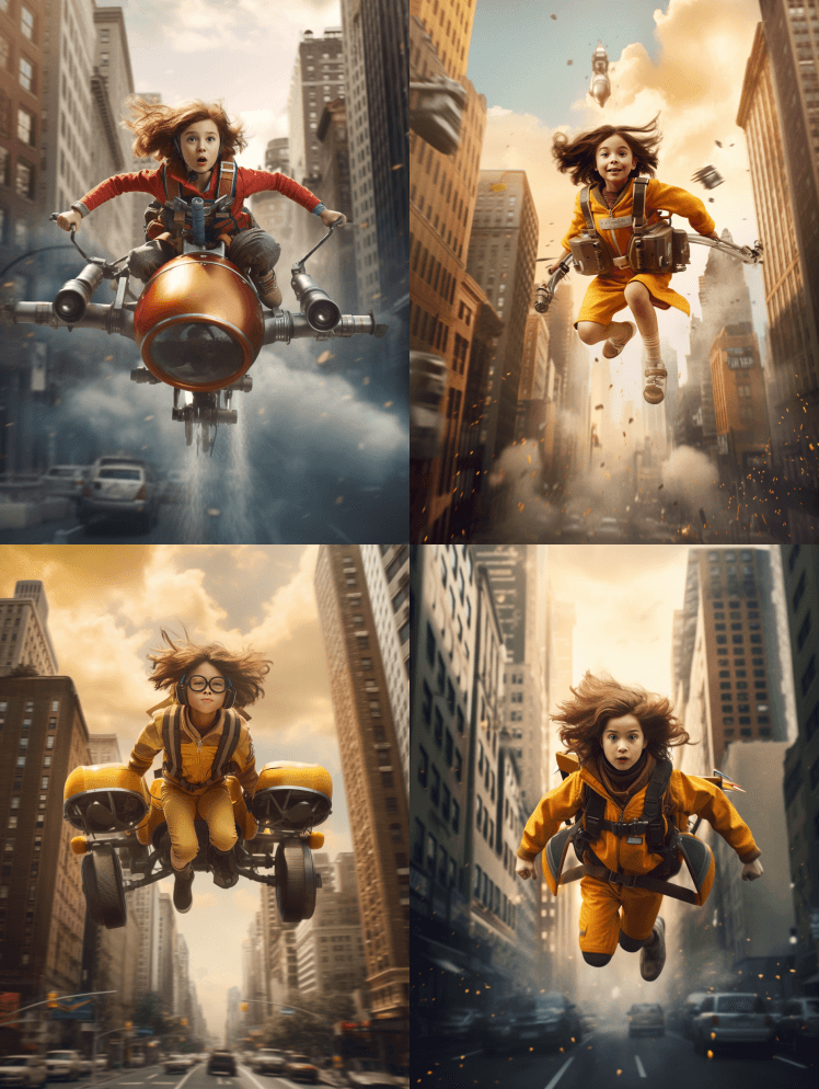 动作镜头，运动模糊，一个大胆的小女孩，带 - Midjourney Prompt