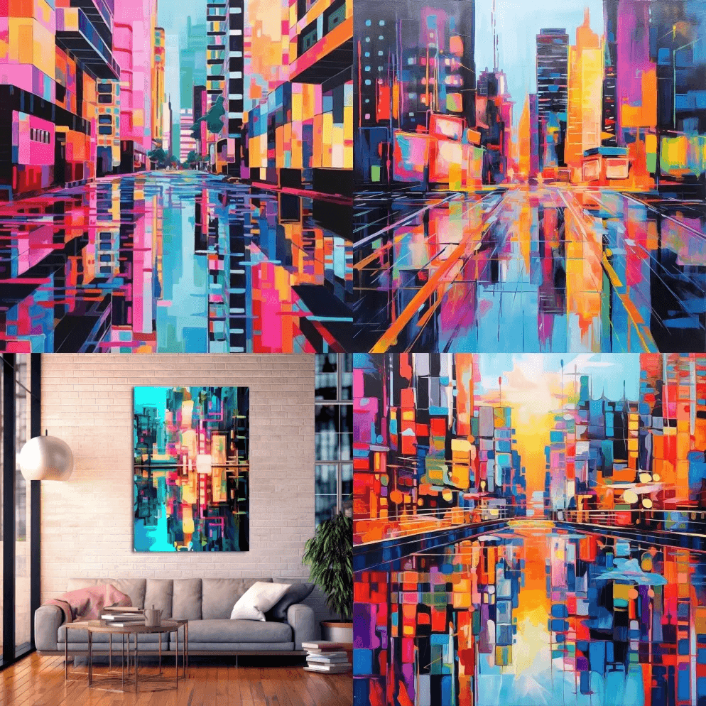 在一张极简主义抽象照片中，充满活力的城市 - Midjourney Prompt