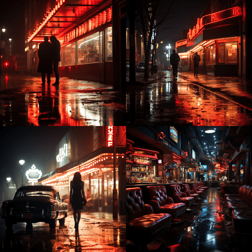 黑色电影摄影，霓虹灯，赛伯朋克，玛蒂娜· - Midjourney Prompt
