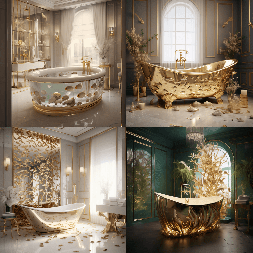 弹出式豪华浴室,金色细节,别致的小鱼,照 - Midjourney Prompt