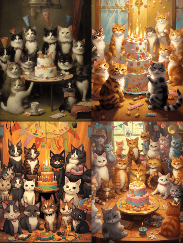 快乐猫庆祝生日聚会，生日蛋糕，许多猫咪朋 - Midjourney Prompt