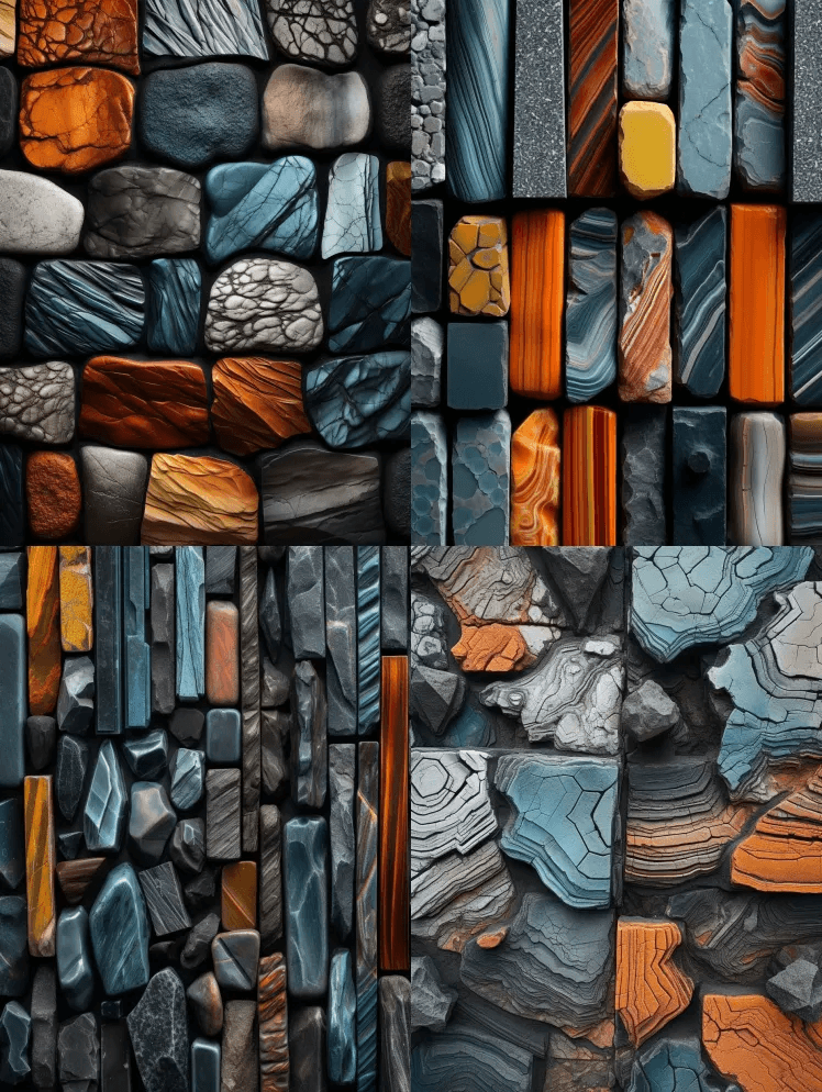 一组不同颜色的岩石，格状结构风格，深橙色 - Midjourney Prompt
