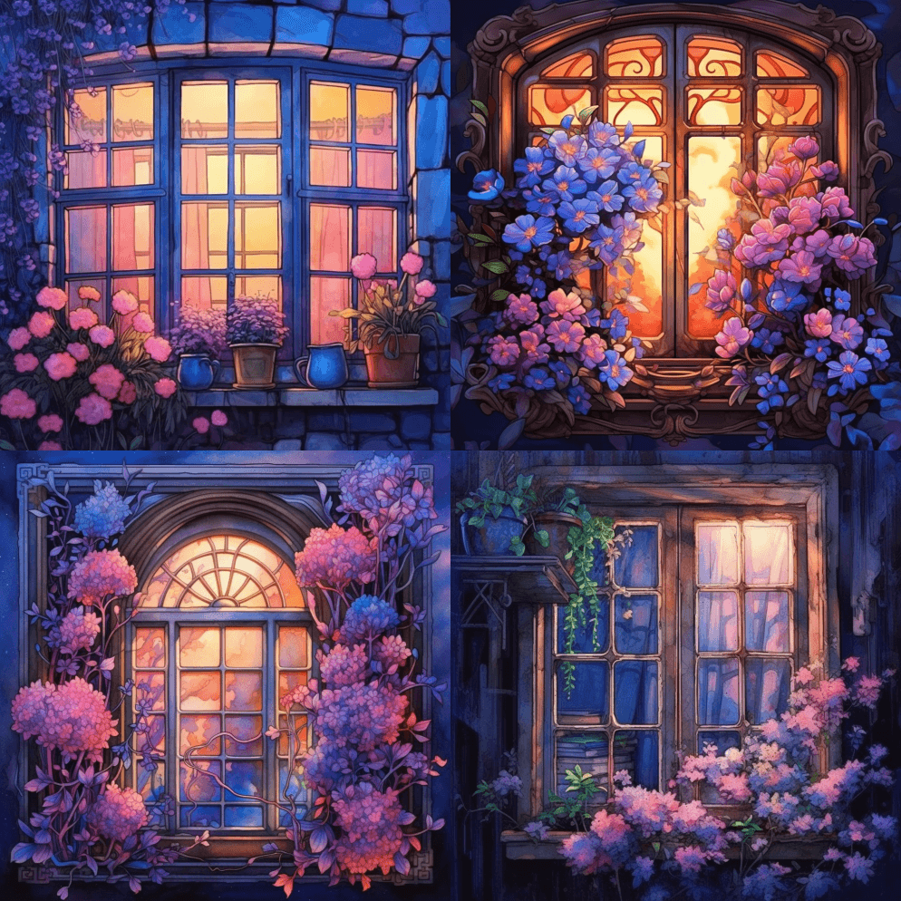 一扇窗户，窗玻璃下开着深蓝色的花，浅橙色 - Midjourney Prompt