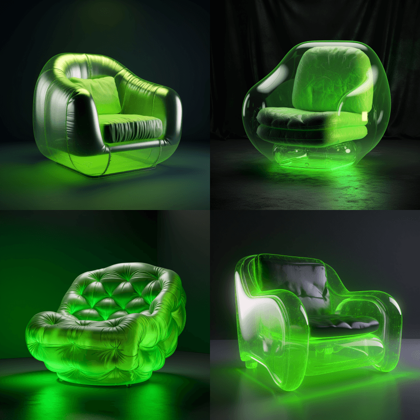 家具设计，扶手椅，充气，内部荧光绿色，透 - Midjourney Prompt