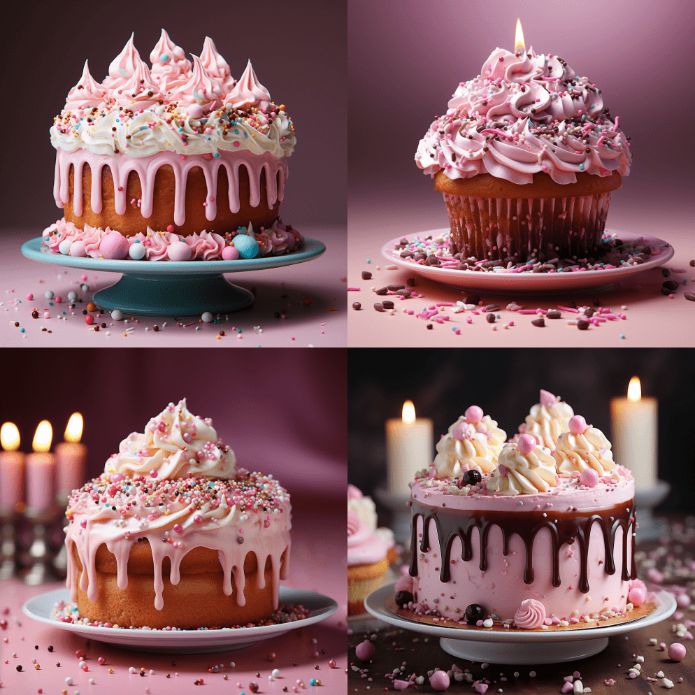 漂亮的奶油奶油生日蛋糕，粉色背景上撒着点 - Midjourney Prompt