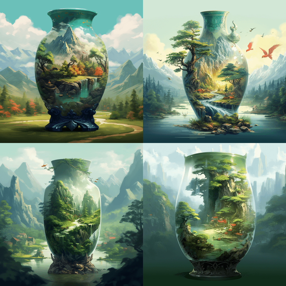 一个五颜六色的花瓶，图案上有树和水道，风 - Midjourney Prompt