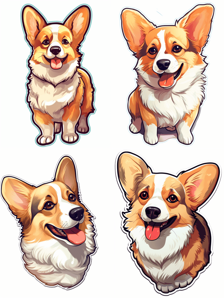 柯基贴纸，可爱，数码绘画，轮廓，矢量，白 - Midjourney Prompt