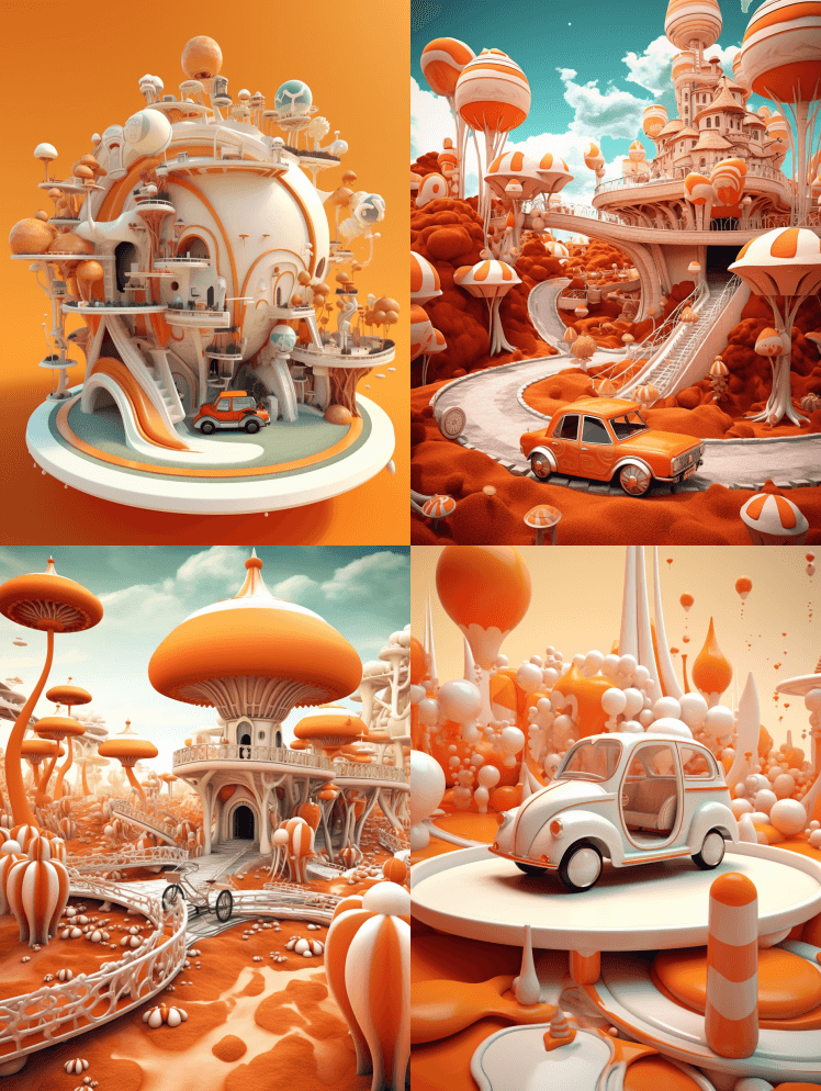 橙色和白色相间的骑行画面，超现实主义梦境 - Midjourney Prompt