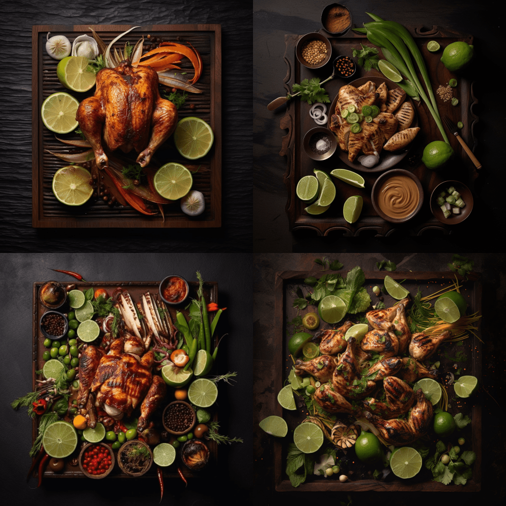 烤鸡配柠檬和大蒜，风格为亚洲风格，质感， - Midjourney Prompt
