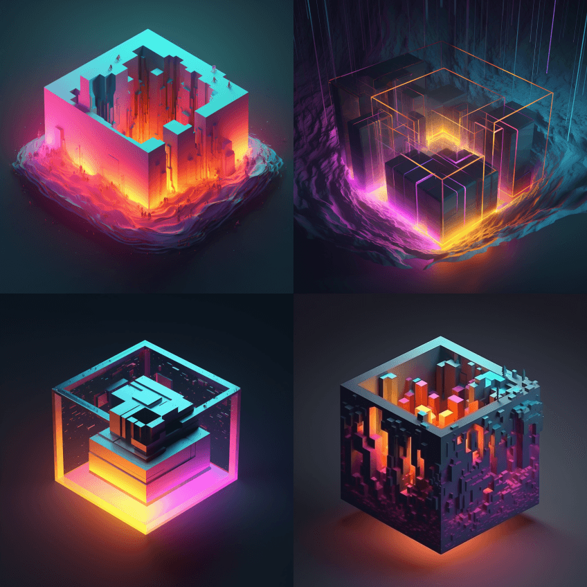 一个未知的世界，在一个等轴测立方体内部， - Midjourney Prompt