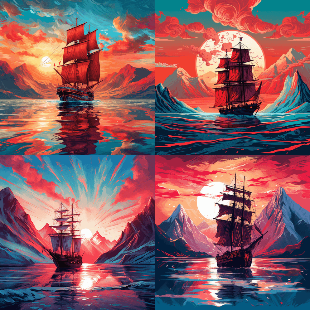 一艘帆船坐在水面上，阳光明媚的天空和群山 - Midjourney Prompt