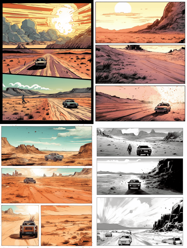 以汽车为主角的故事板在冰岛沙漠中运行，漫 - Midjourney Prompt
