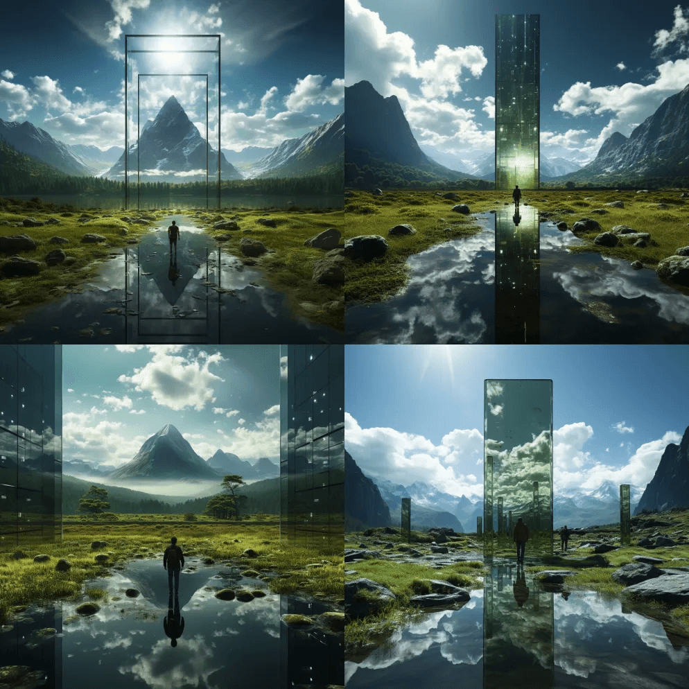 矩阵数字风格的山水景观。在夏天，人们走在 - Midjourney Prompt