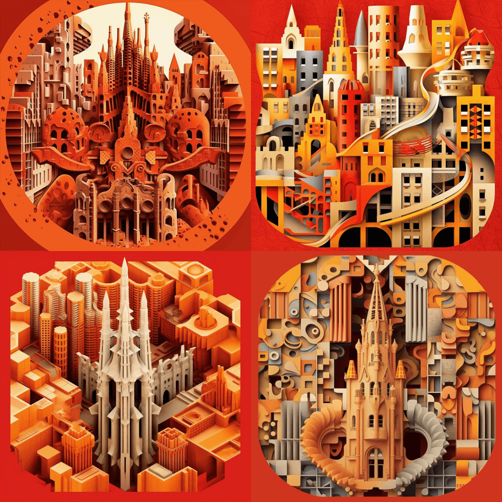 在埃舍尔、比尔兹利和高迪的风格中，设计一 - Midjourney Prompt